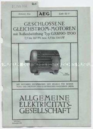 Geschlossene Gleichstrom-Motoren mit Aussenbelüftung Typ GAM 90-1700 (O) (Liste Gs 4)
