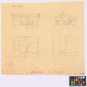 Mittelberg (Kleinwalsertal, [Landkreis Sonthofen]): Hof Moosbrugger. Haupthaus (Längsschnitt, Querschnitt, zwei Grundrisse)