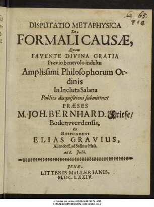 Disputatio Metaphysica De Formali Causae