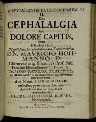 Disputationum Pathologicarum II. De Cephalalgia sive Dolore Capitis