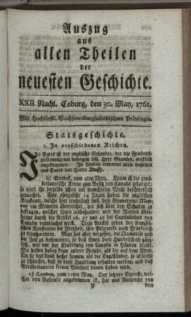 XXII. Nachl. Coburg, den 30. May, 1761.