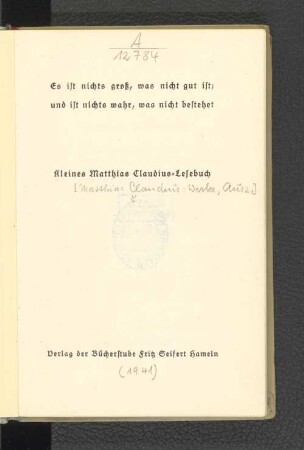 Kleines Matthias-Claudius-Lesebuch