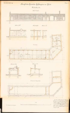 Gericht und Gefängnis, Glatz: Arbeitsbaracke: Ansicht, 5 Schnitte Grundrisse EG und Fundamente 1:100