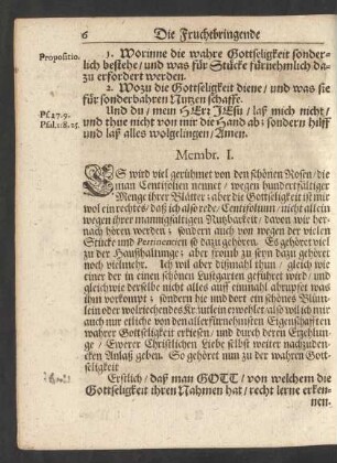 Memb. I. [1. Worinne die wahre Gottseligkeit sonderlich bestehe/ und was für Stücke fürnehmlich dazu erfordert werden.]