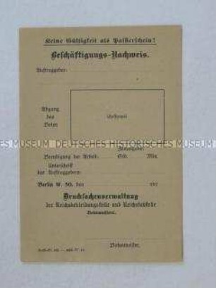 Formular der Reichsbekleidungsstelle - Beschäftigungsnachweis