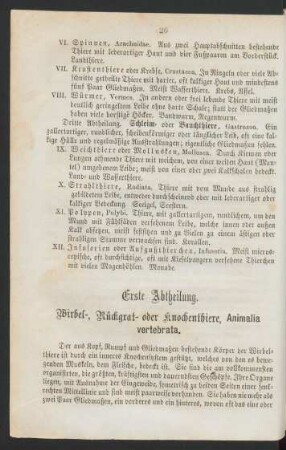 Erste Abtheilung. Wirbel-, Rückgrat- oder Knochen-Thiere, Animalia vertebrata.