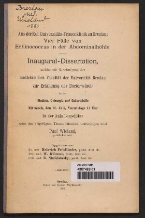 Vier Fälle von Echinococcus in der Abdominalhöhle : aus der Kgl. Universitäts-Frauenklinik zu Breslau