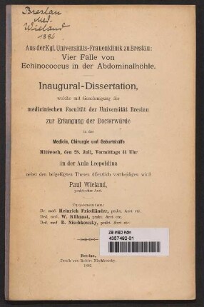 Vier Fälle von Echinococcus in der Abdominalhöhle : aus der Kgl. Universitäts-Frauenklinik zu Breslau