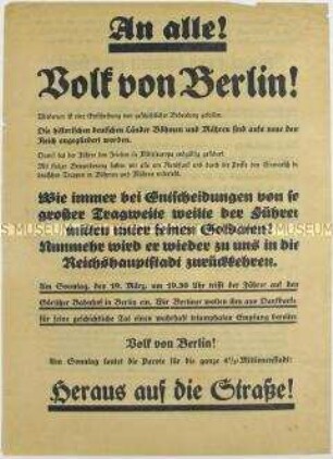 Propagandaflugblatt mit dem Aufruf von Gauleiter Goebbels zu einer Großkundgebung mit Hitler in Berlin anlässlich der Annexion der Tschechoslowakei