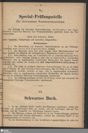 Va. Special-Prüfungsstelle für Schweizer Postwerthzeichen