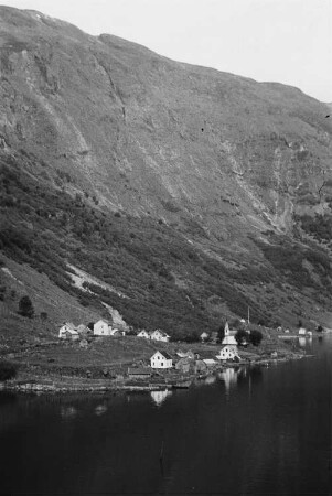 Reisefotos Norwegen. Sognefjord. Blick von einem Passagierschiff auf einen Ort am Ufer