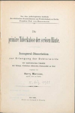 Die primäre Tuberkulose der serösen Häute