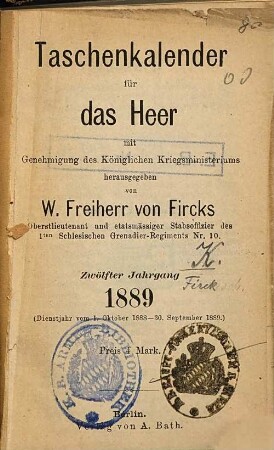 Taschen-Kalender für das Heer. 1889 = Jg. 12