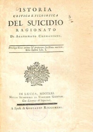 Istoria critica e Filosofica del suicidio