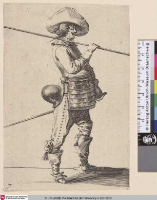[Soldat nach rechts gewandt trägt eine Rüstung und hält eine Lanze; Soldier turned to right wearing armour and holding lance on right shoulder]