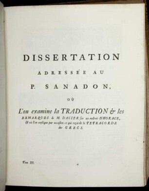 Dissertation Adressée Au P. Sanadon ...
