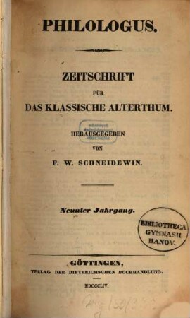 Philologus : Zeitschrift für antike Literatur und ihre Rezeption. 9. 1854