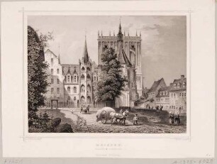 Der Dom zu Meißen von Westen mit neogotischer Balustrade auf zweitem Turmgeschoss, links die Albrechtsburg mit Wendelstein, aus Rohbocks und Koehlers Königreich Sachsen, Thüringen und Anhalt von 1857?