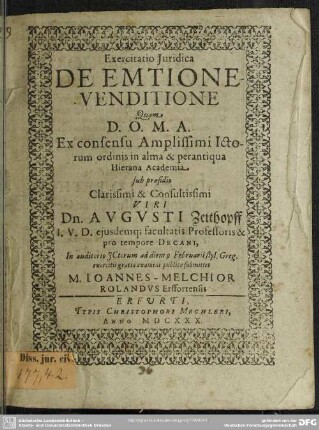 Exercitatio juridica De emtione venditione