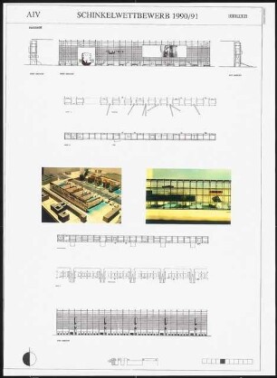 Neugestaltung der Spreeufer von Friedrichshain und Kreuzberg, Berlin Schinkelwettbewerb 1991: Passage: Grundrisse und Ansichten 1:500, Modellansicht
