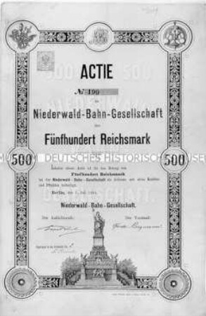Aktie No. 199 der Niederwald-Bahn-Gesellschaft über 500 RM. Berlin, 1. Juli 1884.