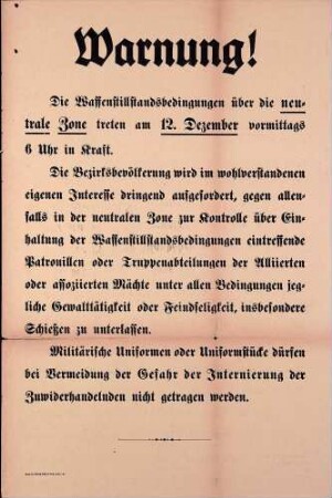 Inkrafttreten der Waffenstillstandsbedingungen über die neutrale Zone ( gedr. Moritz Schauenburg, Lahr) (BA Lahr)