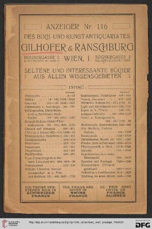 Nr. 116: Anzeiger ... des Kunstantiquariats Gilhofer & Ranschburg, Wien: Seltene und interessante Bücher aus allen Wissensgebieten
