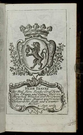 [...Vorsetzung des Herrn Cammer-Richters Hrn. Präsidenten und Hrn. Assessoren Wappen...]