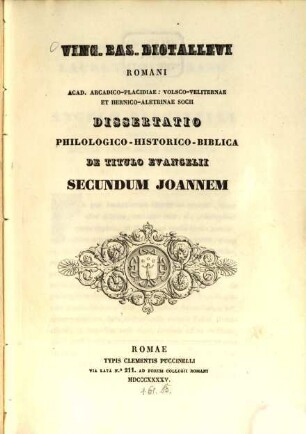 Dissertatio philologico, historico, Biblica de titulo Evangelii secundum Joannem