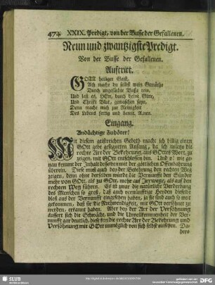 Neun und zwantzigste Predigt. Von der Busse der Gefallenen