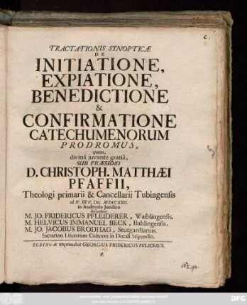 Tractationis Synopticæ De Initiatione, Expiatione, Benedictione & Confirmatione Catechumenorum Prodromus