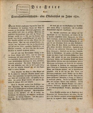Feyer des Central-Landwirthschafts- oder Oktoberfestes im Jahre .... 1830