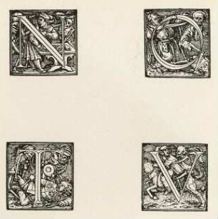 Totentanz-ABC (vor 1543; H. Holbein der Jüngere). Buchstaben N, O, T und V