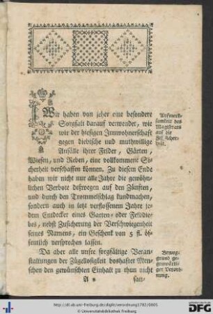 Verordnung des Magistrats der Vorderösterreichischen Stadt Freyburg im Breisgau.