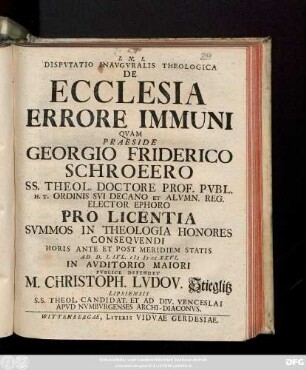 Dispvtatio Inavgvralis Theologia De Ecclesia Errore Immuni