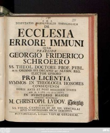 Dispvtatio Inavgvralis Theologia De Ecclesia Errore Immuni