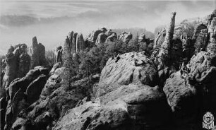 Sächsische Schweiz. Schrammsteine. Blick von der Schrammsteinaussicht nach Südwesten gegen Torsteinkette und Felsnadel "Tante"