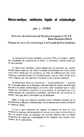 291-302, Narco-analyse, médecine légale et criminologie