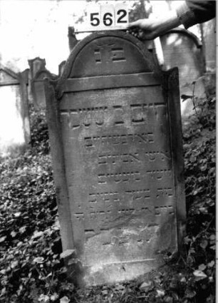 Grabstein 562 (Index: 99802791) Material: Sandstein Zustand: unten verwittert/Textverlust Maße HxBxT: 108x55x10 cm Beschreibung: Stele mit Karniesbogen, profiliert. Rand: Grabstein 562
