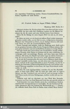 Friedrich Christoph Perthes an August Wilhelm von Schlegel, Hamburg, 12.12.1809