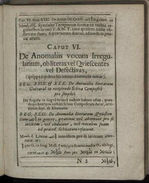 Caput VI. De Anomaliis vocum Irregularium, ob literas vel Quiescentes vel Defectivas.