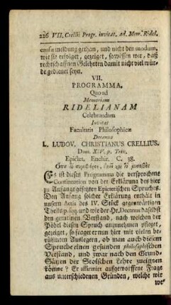 VII. Programma, Quo ad Memoriam Ridelianam Celebrandam Invitat Facultatis Philosohicae Decanus L. Ludov. Christianus Crellius.