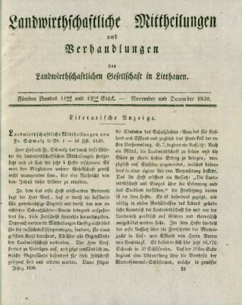 Fünften [=Ersten] Bandes 11tes und 12tes Stück. - November und December 1830.