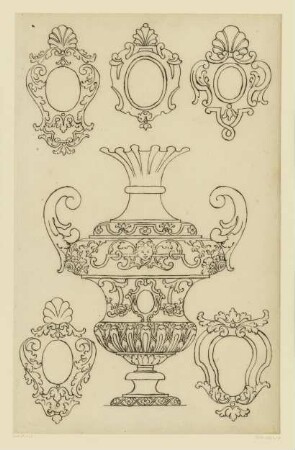 Goldschmiedeentwurf, Vase, fünf Kartuschen