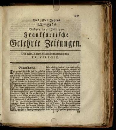 LXItes Stück Dienstags, den 31. Julii, 1770. - LXXtes Stück Freytags, den 31. August, 1770.