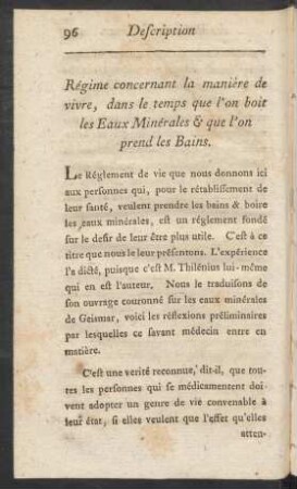 Régime concernant la manière de vivre, dans le temps que l'on boit les Eaux Minérales & que l'on prend les Bains