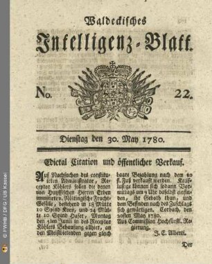 No. 22, Dienstag den 30. May 1780
