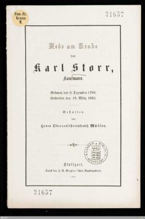 Rede am Grabe des Karl Storr, Kaufmann : Geboren den 8. Dezember 1788, gestorben den 28. März 1865
