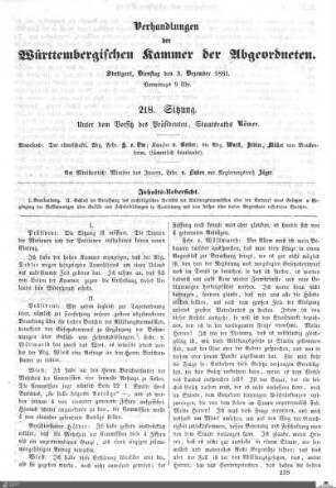 218. Sitzung, Stuttgart, 3.12.1861