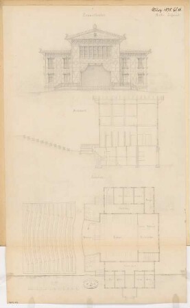 Sommertheater Monatskonkurrenz März 1878: Grundriss von und Längsschnitt durch Bühnenhaus und Zuschauerraum, Aufriss Vorderansicht des Bühnenhauses 1:100; Maßstabsleiste